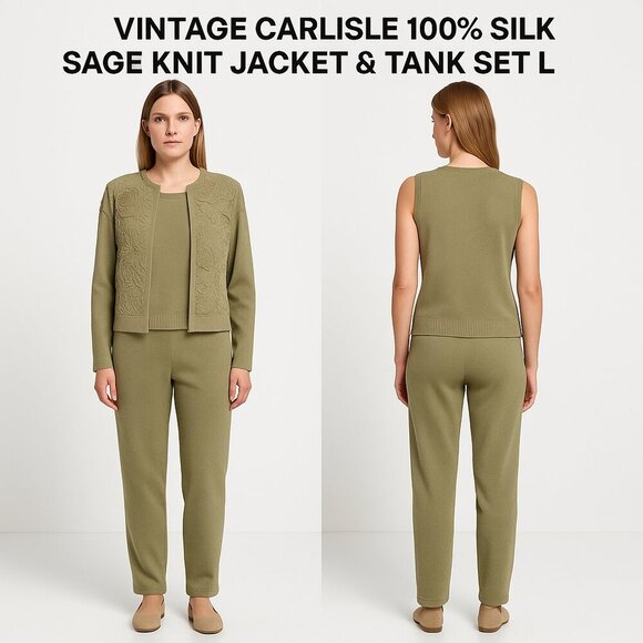 VINTAGE CARLISLE 100% SILK SAGE KNIT JACKET & TANK SET L - Picture 1 of 14
